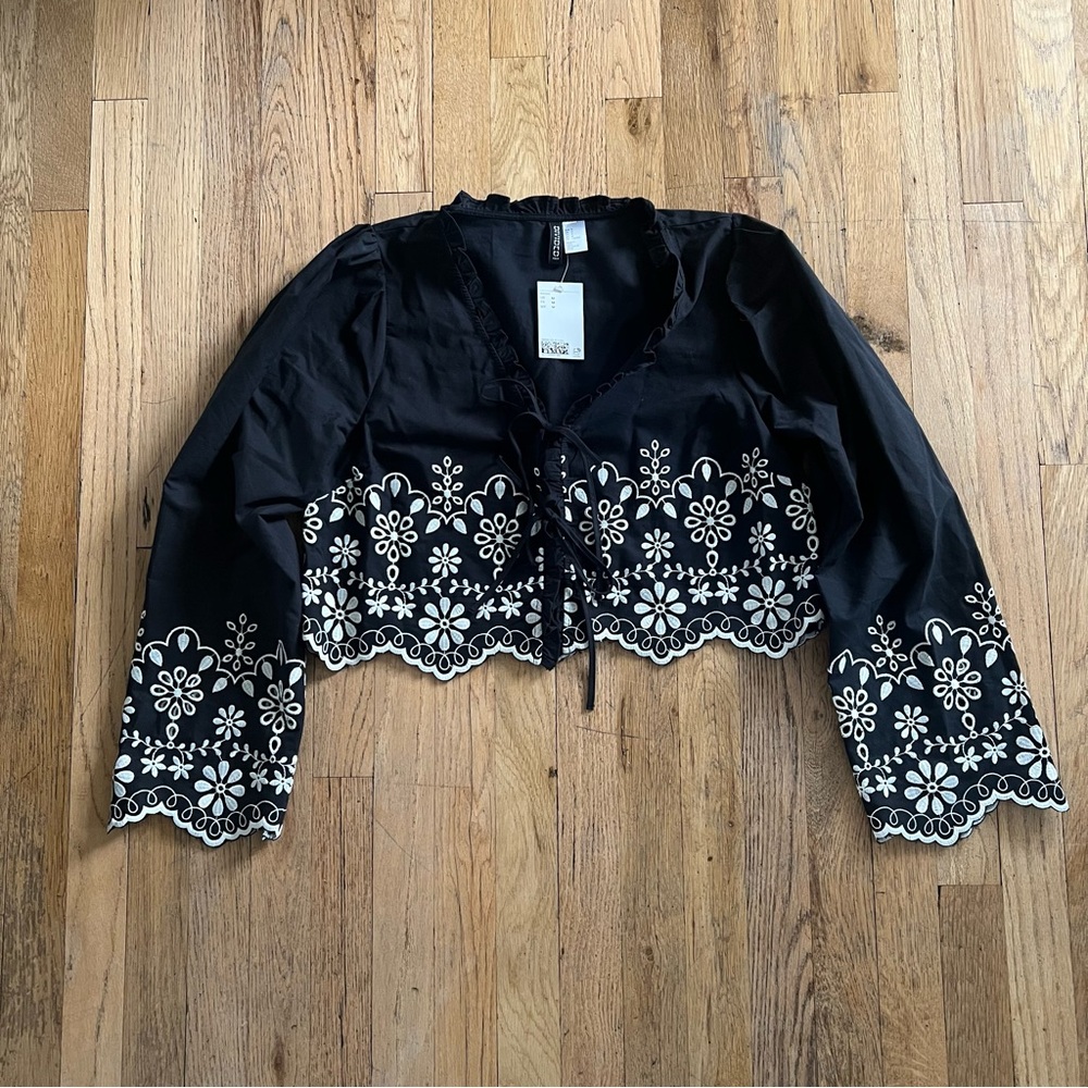 H&M Cotton Black Blouse with White Floral Embroidery & Eyelets